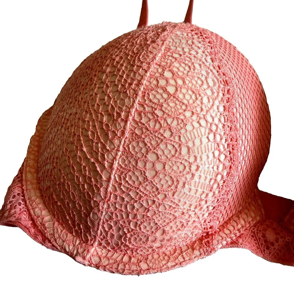 Victoria Secret Very Sexy Lace Fishnet Pushup Bra 32 D Pink Underwire Padded Cup